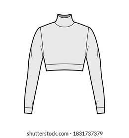 Cropped turtleneck jersey sweater technical fashion illustration with long sleeves, close-fitting shape. Flat outwear jumper apparel template front grey color. Women men unisex shirt top CAD mockup