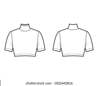 Cropped turtleneck jersey sweater technical fashion illustration with short sleeves, close-fitting shape. Flat outwear jumper apparel template front back white color. Women men unisex shirt top mockup