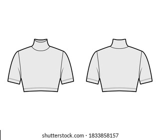 Cropped turtleneck jersey sweater technical fashion illustration with short sleeves, close-fitting shape. Flat outwear jumper apparel template front back white color. Women men unisex shirt top mockup