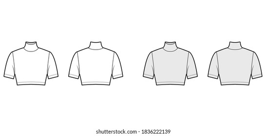 Cropped turtleneck jersey sweater technical fashion illustration with short sleeves, close-fitting shape. Flat outwear jumper apparel template front back white grey color. Women men unisex shirt top