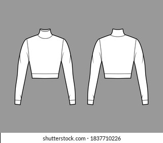 Cropped turtleneck jersey sweater technical fashion illustration with long sleeves, close-fitting shape. Flat outwear jumper apparel template front back white color. Women men unisex shirt top mockup