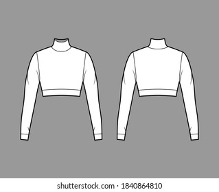 Cropped turtleneck jersey sweater technical fashion illustration with long sleeves, close-fitting shape. Flat outwear jumper apparel template front back white color. Women