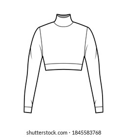 Cropped turtleneck jersey sweater technical fashion illustration with long sleeves, close-fitting shape. Flat outwear jumper apparel template front white color. Women men unisex shirt top CAD mockup