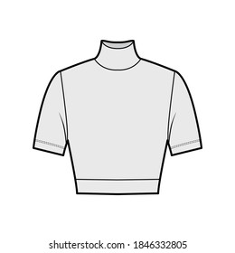 Cropped turtleneck jersey sweater technical fashion illustration with short sleeves, close-fitting shape. Flat outwear jumper apparel template front grey color. Women men unisex shirt top CAD mockup