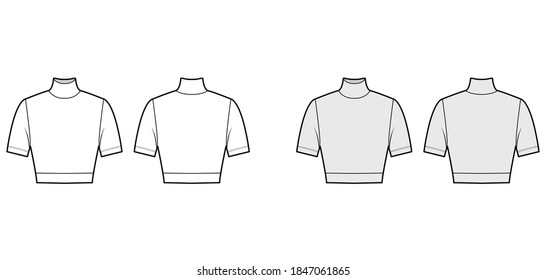 Cropped turtleneck jersey sweater technical fashion illustration with short sleeves, close-fitting shape. Flat outwear jumper apparel template front back white grey color. Women men unisex shirt top