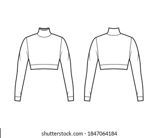 Cropped turtleneck jersey sweater technical fashion illustration with long sleeves, close-fitting shape. Flat outwear jumper apparel template front back white color. Women men unisex shirt top mockup