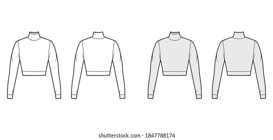 Cropped turtleneck jersey sweater technical fashion illustration with long sleeves, close-fitting shape. Flat outwear jumper apparel template front back white grey color. Women men unisex shirt top