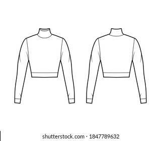 Cropped turtleneck jersey sweater technical fashion illustration with long sleeves, close-fitting shape. Flat outwear jumper apparel template front back white color. Women men unisex shirt top mockup