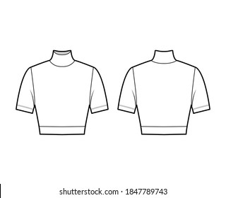 Cropped turtleneck jersey sweater technical fashion illustration with short sleeves, close-fitting shape. Flat outwear jumper apparel template front back white color. Women men unisex shirt top mockup