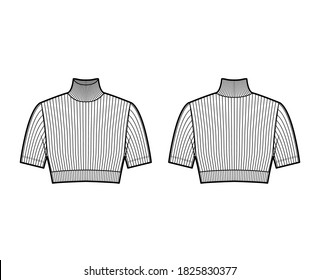 Kroppe Schildkröteneck Rippenstrick technische Modegrafik mit kurzen Ärmeln Nahform. Flache Jumper Bekleidung Vorlage vorne weiß, Farbe weiß. Frauen Männer Unisex-Shirt Top-CAD-Motiv