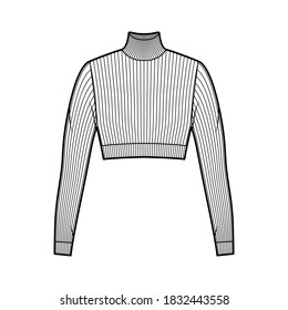 Cropped turtleneck ribbed-knit sweater technical fashion illustration with long sleeves, close-fitting shape. Flat jumper apparel template front white color. Women men unisex shirt top CAD mockup