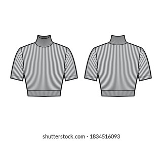 Cropped turtleneck ribbed-knit sweater technical fashion illustration with short sleeves, close-fitting shape. Flat jumper apparel template front back grey color. Women men unisex shirt top CAD mockup
