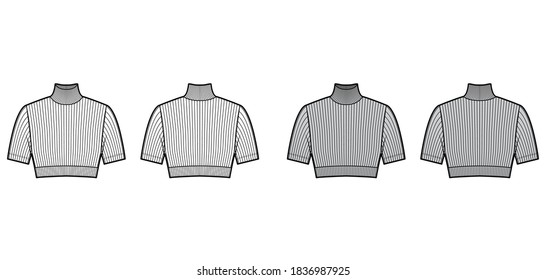 Cropped turtleneck ribbed-knit sweater technical fashion illustration with short sleeves, close-fitting shape. Flat jumper apparel template front back white grey color. Women men unisex shirt top CAD