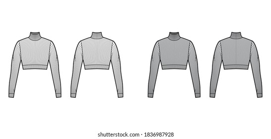 Cropped turtleneck ribbed-knit sweater technical fashion illustration with long sleeves, close-fitting shape. Flat jumper apparel template front back white grey color. Women men unisex shirt top CAD