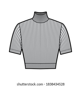 Cropped turtleneck ribbed-knit sweater technical fashion illustration with short sleeves, close-fitting shape. Flat jumper apparel template front grey color. Women men unisex shirt top CAD mockup