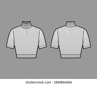 Ilustración técnica de la moda del suéter de cuello de tortuga recortada con mangas cortas de forma ajustada. Plantilla de prendas de puente planas de color blanco delantero. Mujeres 