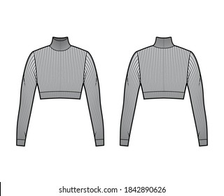 Cropped turtleneck ribbed-knit sweater technical fashion illustration with long sleeves, close-fitting shape. Flat jumper apparel template front back white color. Women men unisex shirt top CAD mockup