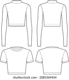 Cropped turtleneck and round neckline top fashion vector sketch, Apparel template