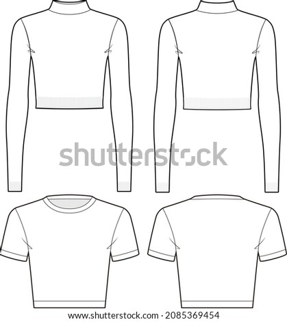 Cropped turtleneck and round neckline top fashion vector sketch, Apparel template