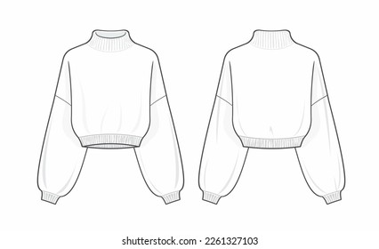 Cropped Turtleneck Sweater flat illustration with lantern Sleeves, White Casual Long Sleeves, Plain Pullovers, knitted sweaters, cropped top, fashion flats template, front and back design, cad mockup