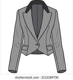 CROPPED TUXEDO WITH CONTRAST NOTCH COLLAR GRAY STRIPE BLAZER FOR WOMEN CORPORATE WEAR VECTOR