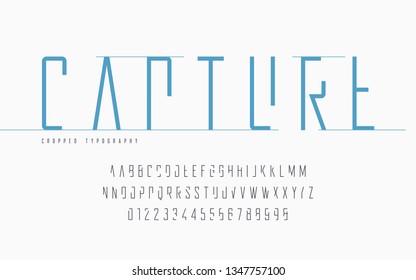 Cropped typography, set of uppercase letters and numbers, alphabet. Vector illustration.