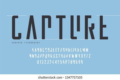 Cropped typography, set of uppercase letters and numbers, alphabet. Vector illustration.