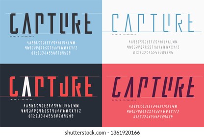 Cropped typography, set of uppercase letters and numbers, alphabet. Vector illustration.