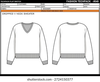 GESCHNITTENE V HALS SWEATER EINFACH BEARBEITBAR LEERE TECHPACK LAYOUT VORLAGE DESIGN