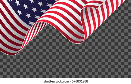 Cropped Waving American Flag On Transparent Background. Vector Illustration,