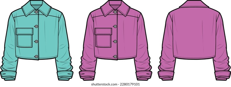 CROPPED WIDE COLLAR JACKET front and back flat sketch technical drawing vector illustration template