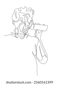 Cropped woman listening to mobile phone. Back view. Continuous line drawing. Black and white vector illustration in line art style.