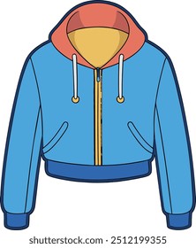 Cropped zip-up hoodie vector mockup, front and back views, customizable design, isolated on white background.