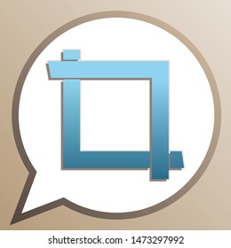 Cropping with corners. Image editor sign. Bright cerulean icon in white speech balloon at pale taupe background. Illustration.