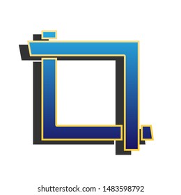 Cropping with corners. Image editor sign. Blue icon with gold contour with dark gray shadow at white background. Illustration.