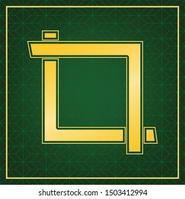 Cropping with corners. Image editor sign. Golden icon with gold contour at dark green gridded white background. Illustration.