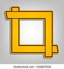 Cropping with corners. Image editor sign. Flat orange icon with overlapping linear black icon with gray shadow at whitish background. Illustration.
