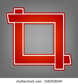 Cropping with corners. Image editor sign. Flat red icon with linear white icon with gray shadow at grayish background. Illustration.