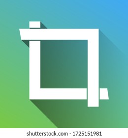 Cropping with corners. Image editor sign. White Icon with gray dropped limitless shadow on green to blue background. Illustration.