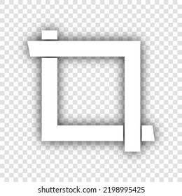 Cropping with corners. Image editor sign. White Icon with dropped natural gray Shadow at transparent Background. Illustration.