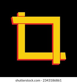 Recortar con esquinas. Firma del editor de imágenes. Icono Amarillo extruido 3D con los lados rojos un fondo negro. Ilustración.