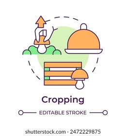 Cropping multi color concept icon. Indoor mushroom farming. Fungi cultivation. Cutting mushrooms. Round shape line illustration. Abstract idea. Graphic design. Easy to use in article