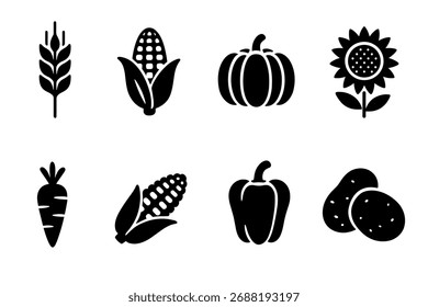 Kulturpflanzen und landwirtschaftliche Ikonen. Vektorschwarze Symbole der Landwirtschaft und der Ernte