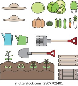 Crops and cultivation tools, pumpkins, carrots, radishes, cabbages, sweet pumpkin, cucumber, zucchini