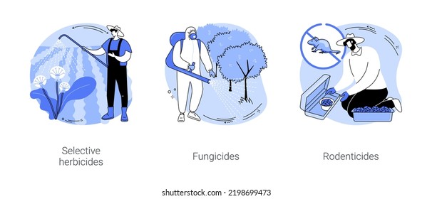 Kulturen Behandlung einzelne Cartoon Vektorgrafiken Satz. Selektive Herbizide Verwendung, Bauer in Schutzbekleidungssprühanlagen mit Fungiziden, Rodentizide für Schädlingsbekämpfungsmittel, Vektorgrafik.