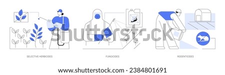 Crops treatment isolated cartoon vector illustrations set. Selective herbicides use, farmer in protective wear spraying plants with fungicides, rodenticides for pest control vector cartoon.