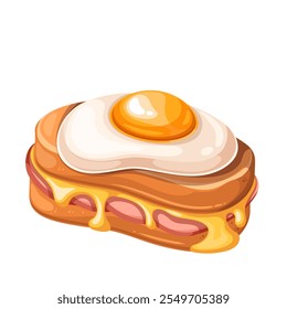 Croque Madame, sándwich caliente de dibujos animados. Dos rebanadas de pan tostado o baguette con jamón, queso derretido y huevo frito encima. Cocina francesa, mascota de comida rápida, Ilustración vectorial de sándwich tradicional de dibujos animados