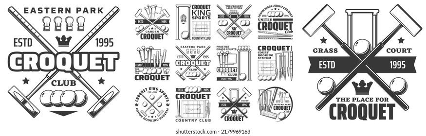 Croquet club sport icons, ball, sticks equipment and player bats, vector. Croquet country club tournament or league championship game signs with crossed mallets, pegs, flags and wickets