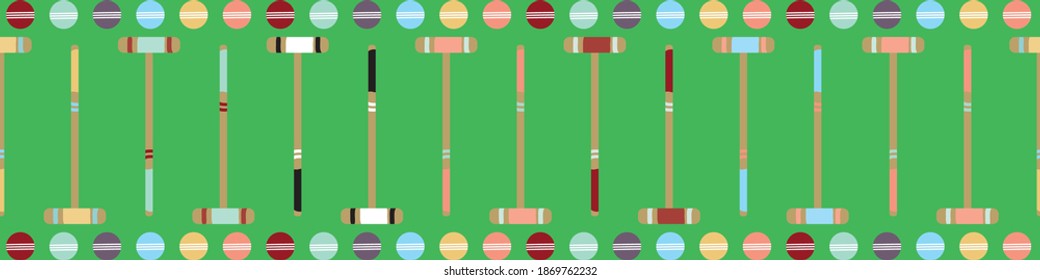 Croquet game seamless vector border. Fun repeat banner of mallets and balls on lawn green backdrop. Colorful hand drawn design. Edging, ribbon, trim for summer garden party and leisure concept