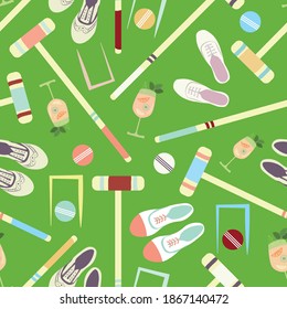 Croquet game seamless vector pattern background. Fun repeat of mallets, balls, shoes, hoops, drinks on lawn green backdrop. Colorful hand drawn design. All over print for summer garden party concept